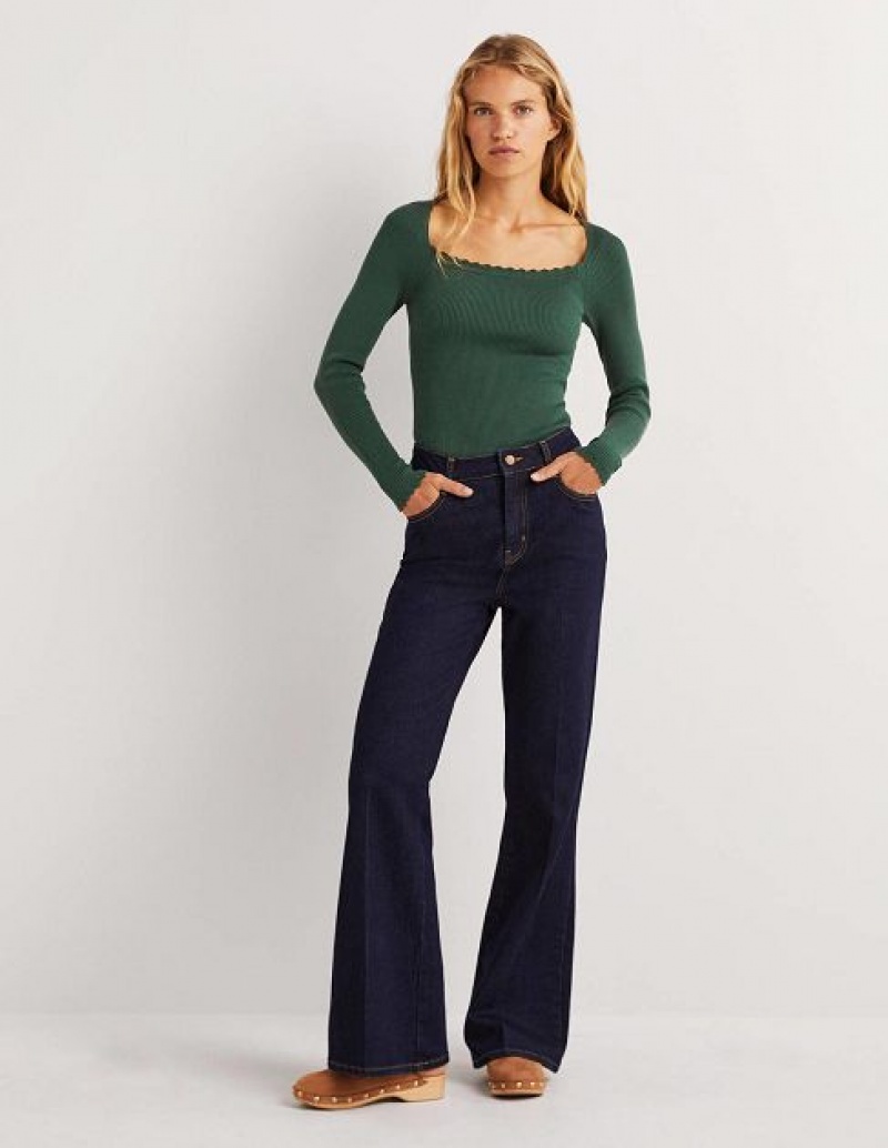 Green Women's Boden Ribbed Square Neck Tops | 43710OZFM