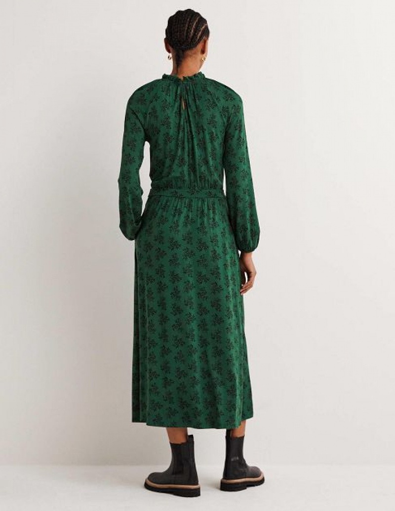 Green Women's Boden Ruffle Neck Jersey Midi Dress | 94357MPLV