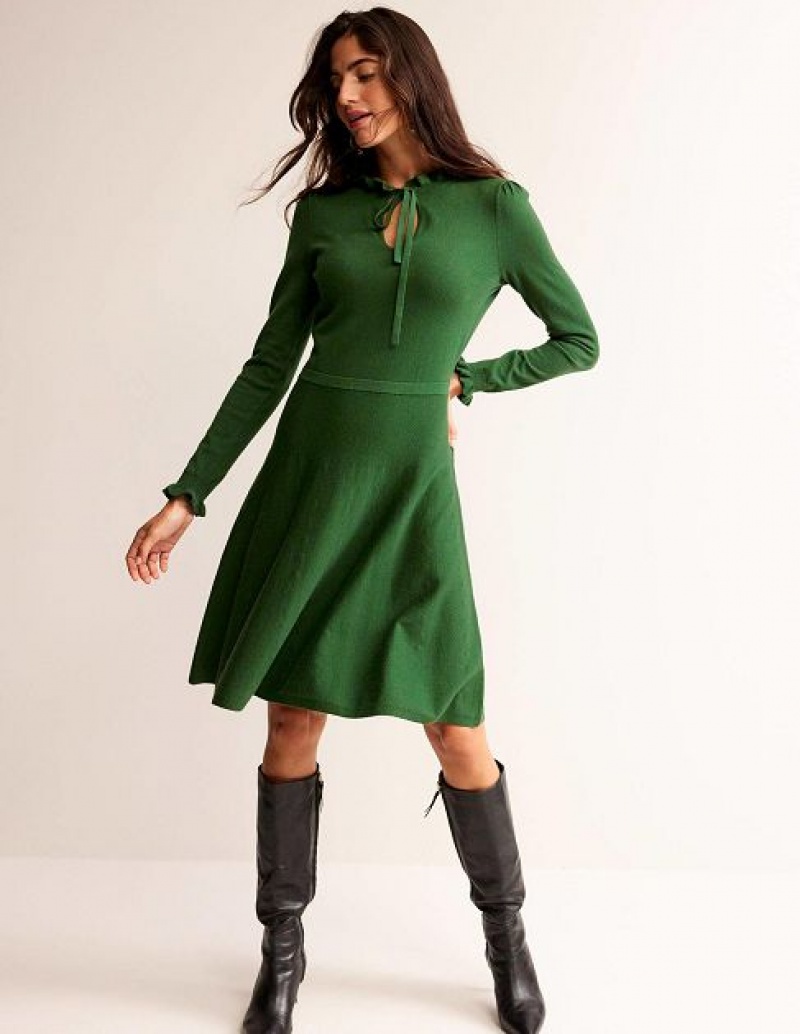 Green Women's Boden Ruffle Tie Neck Dress | 97648OSVI