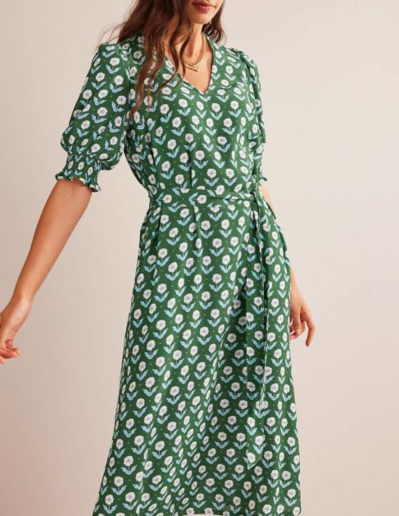 Green Women's Boden Smocked-cuff Midi Dress | 86197DXBU