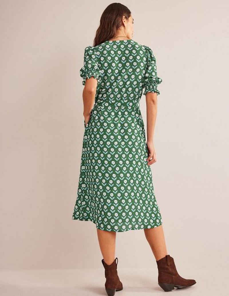 Green Women's Boden Smocked-cuff Midi Dress | 86197DXBU