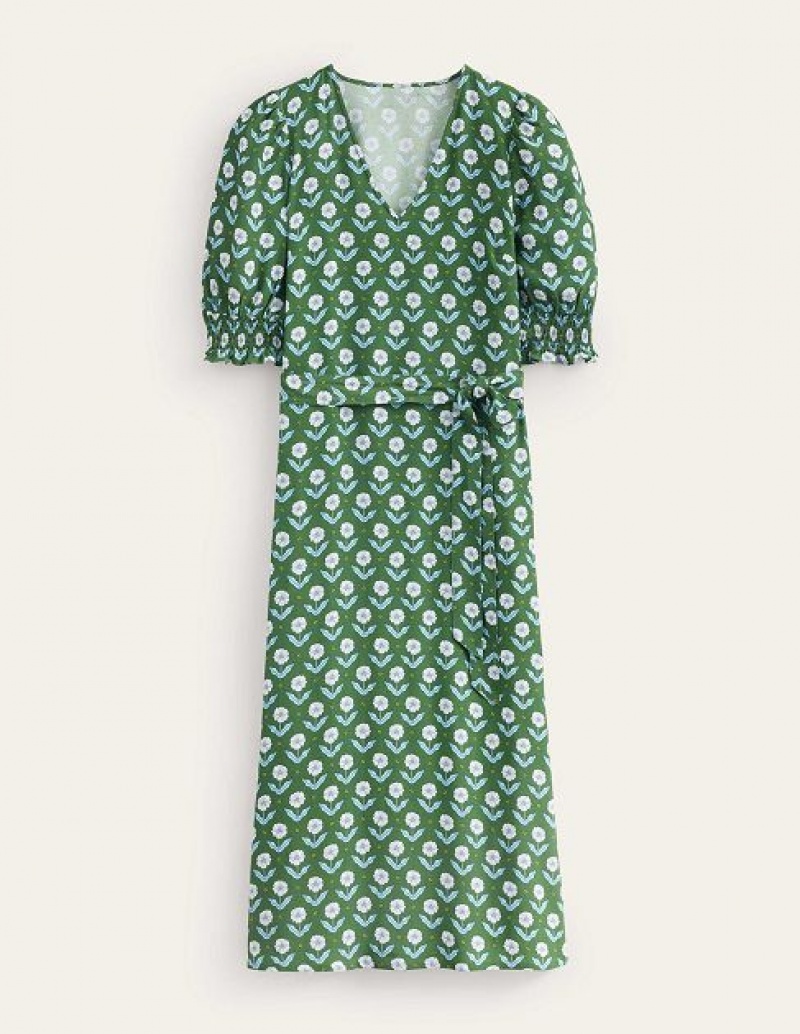 Green Women's Boden Smocked-cuff Midi Dress | 86197DXBU