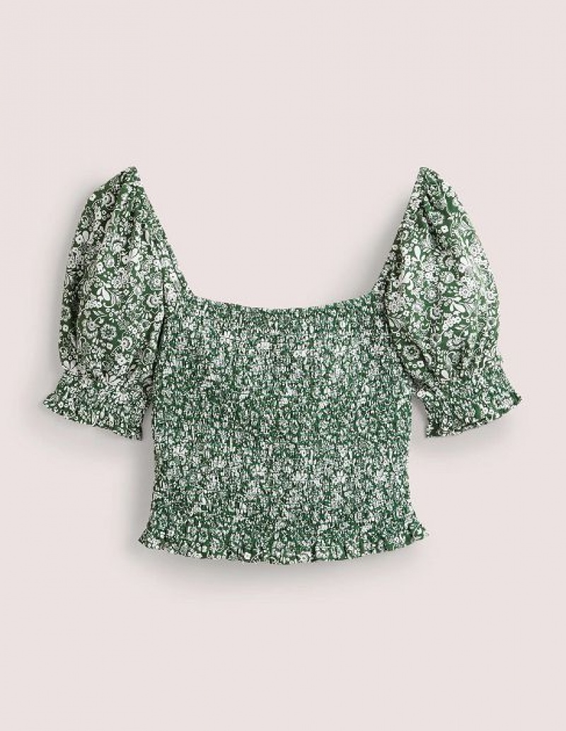 Green Women's Boden Square Neck Smocked Jersey Tops | 19637FJCA