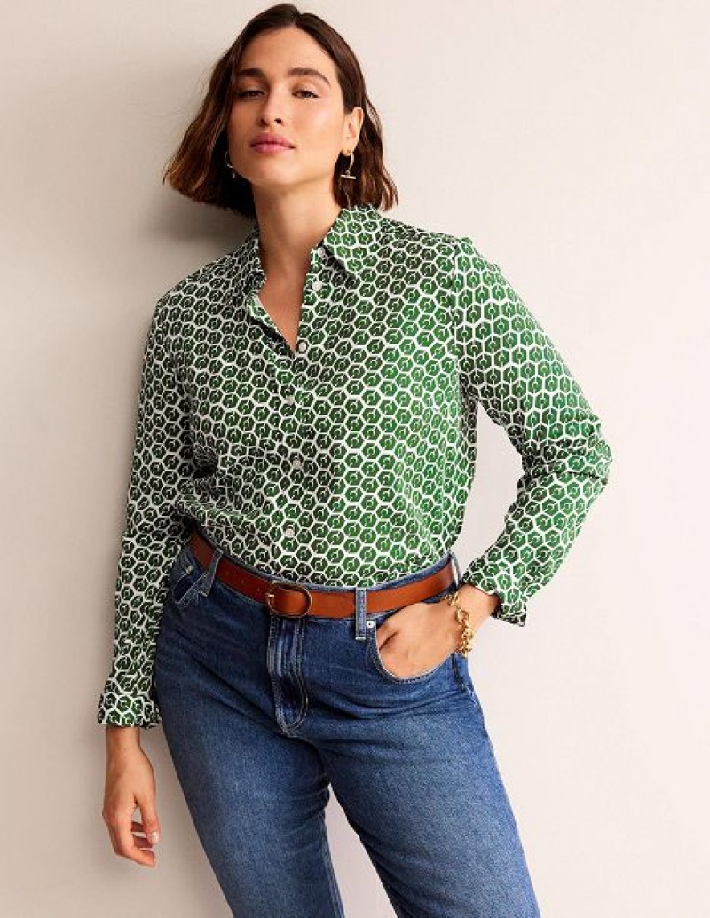 Green Women's Boden Straight-fit Twill Shirts | 98154FJGU