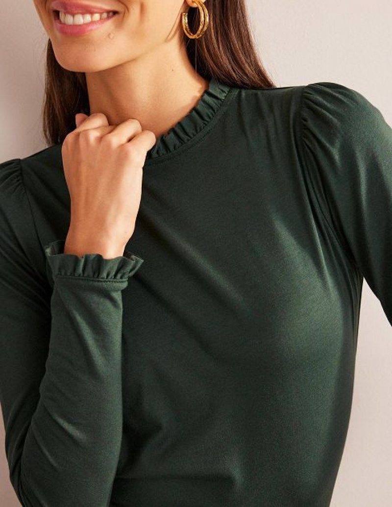 Green Women's Boden Supersoft Frill Detail Tops | 51907YCTG