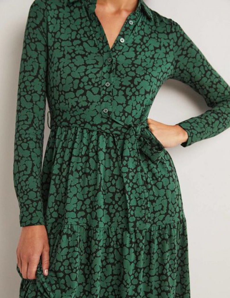 Green Women's Boden Tiered Jersey Shirt Dress | 45610QFTO