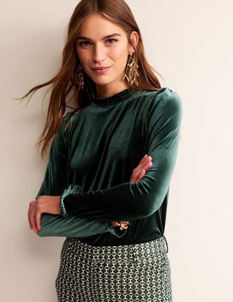 Green Women's Boden Velvet Frill Detail Tops | 07251HURL