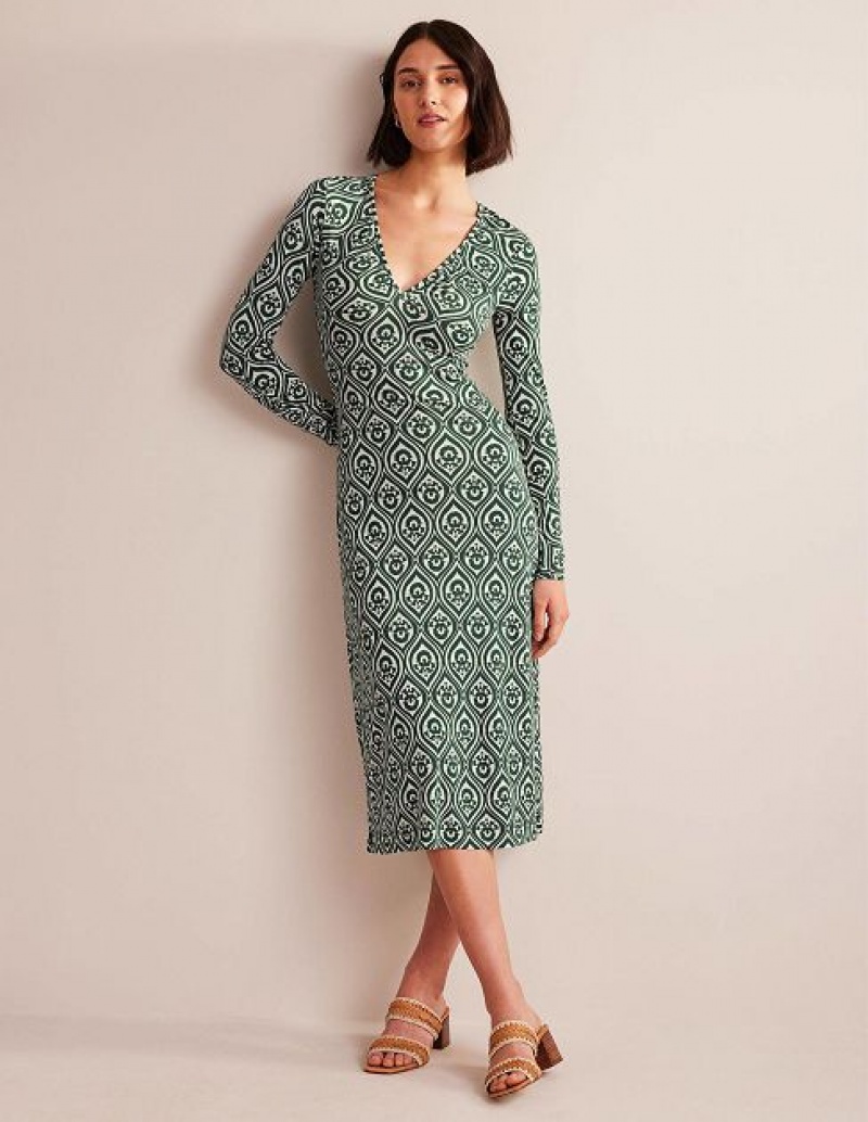 Green Women's Boden V-neck Jersey Midi Dress | 69208WBND