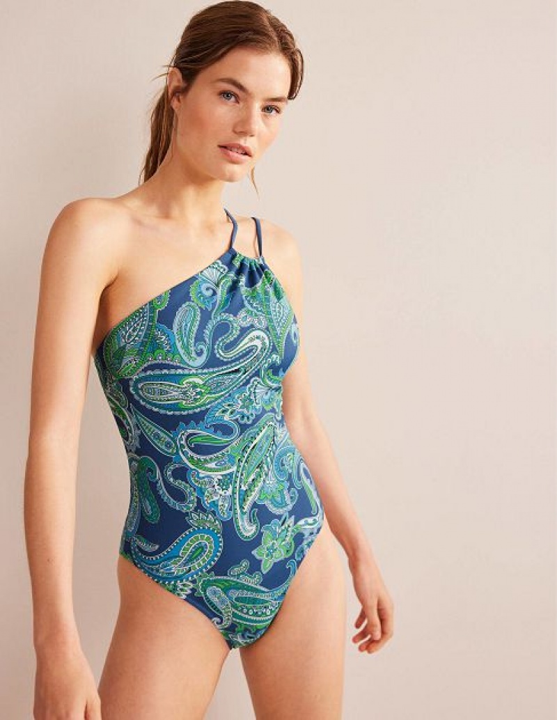 Green / Blue Women's Boden One-shoulder String Swimsuits | 29483EQDB