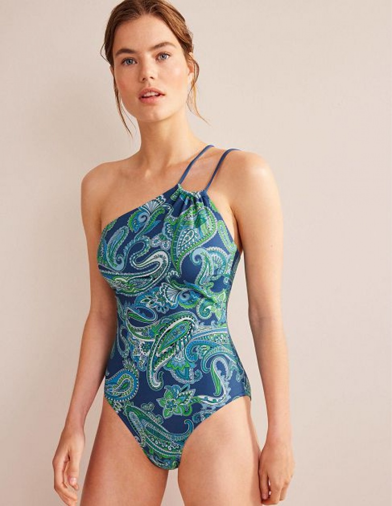 Green / Blue Women\'s Boden One-shoulder String Swimsuits | 29483EQDB