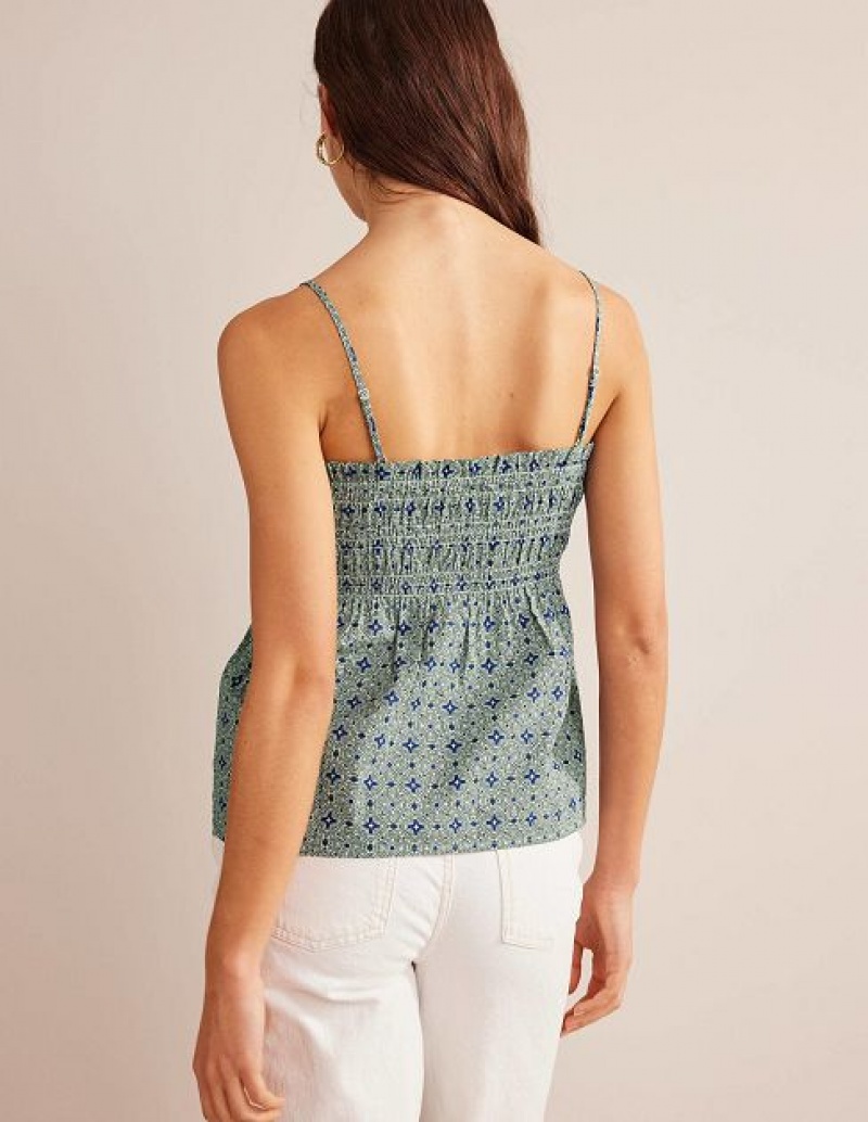 Green / Blue Women's Boden Smocked Cami Tops | 14798UOCG