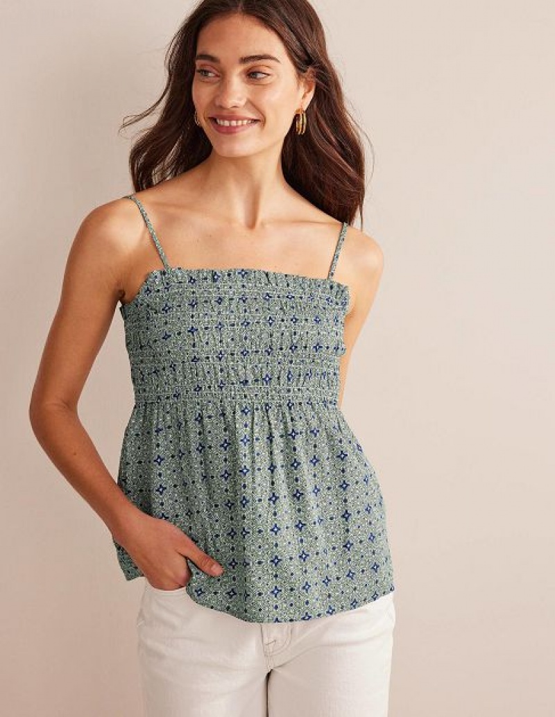 Green / Blue Women's Boden Smocked Cami Tops | 14798UOCG