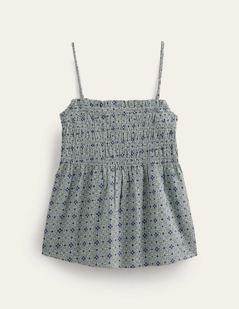 Green / Blue Women's Boden Smocked Cami Tops | 14798UOCG