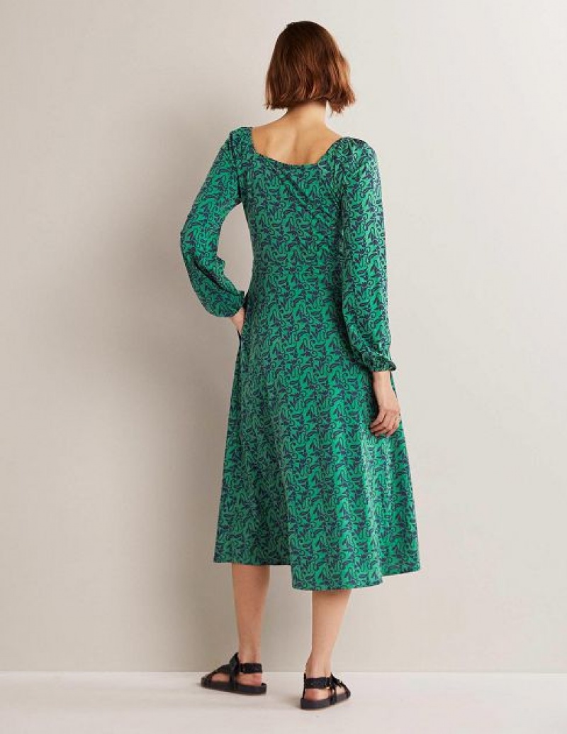 Green / Blue Women's Boden Square Neck Jersey Midi Dress | 69075NLDK