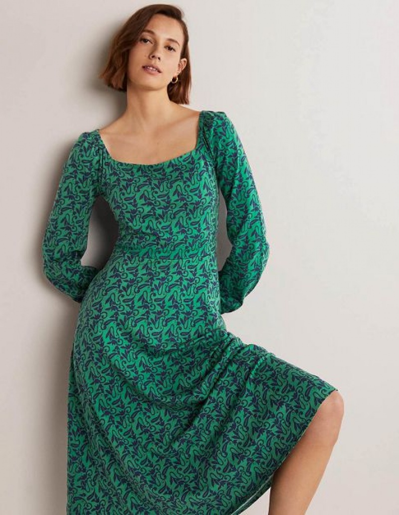 Green / Blue Women's Boden Square Neck Jersey Midi Dress | 69075NLDK