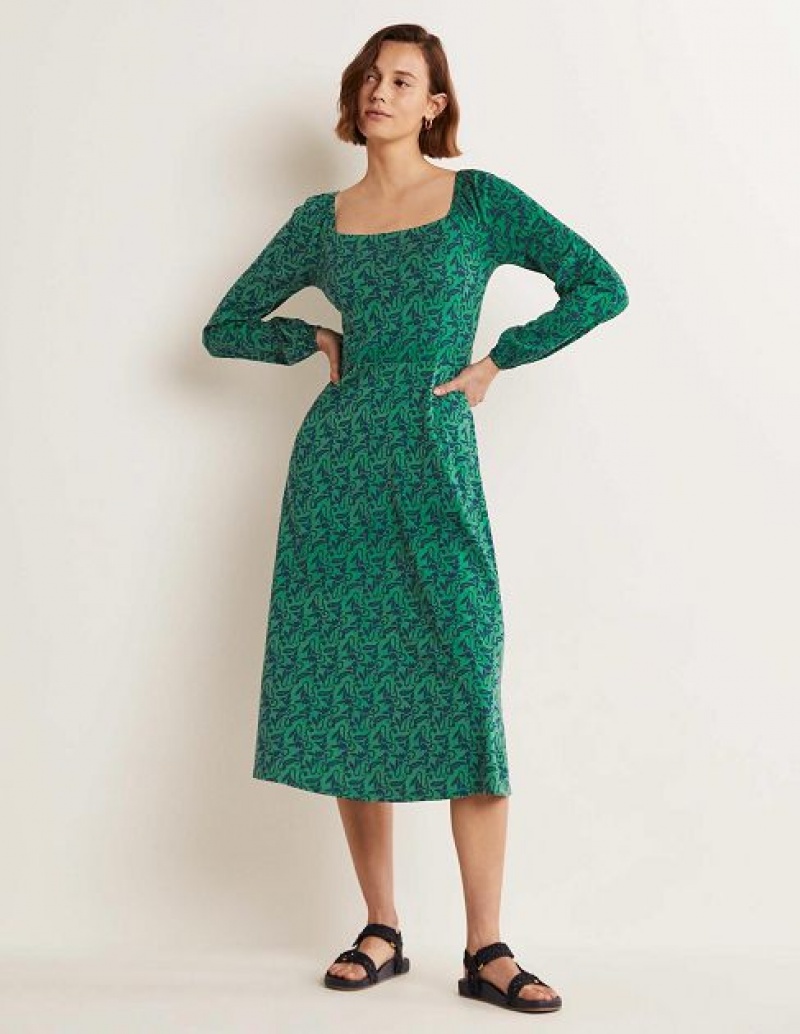 Green / Blue Women\'s Boden Square Neck Jersey Midi Dress | 69075NLDK