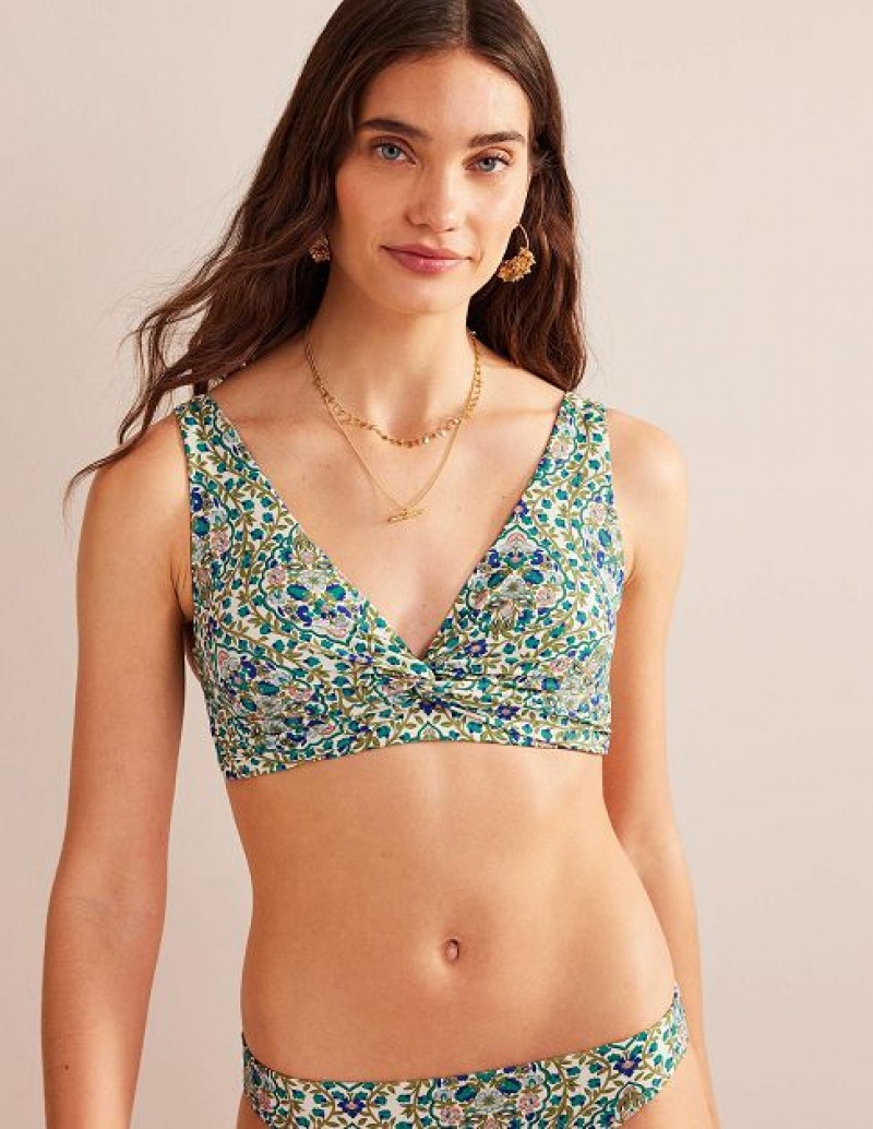 Green / Blue Women's Boden Twist Front Classic Bikini Tops | 46850ILTS