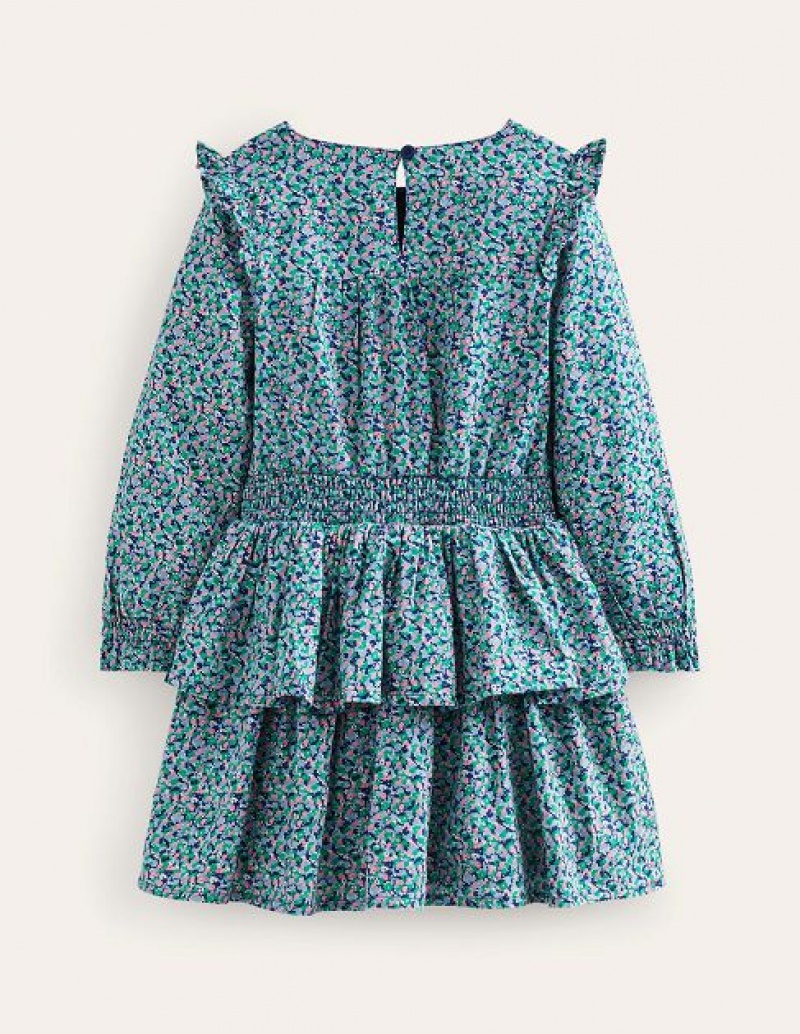 Green / Blue / Pink Kids' Boden Frill Cotton Dress | 81452ZDAJ