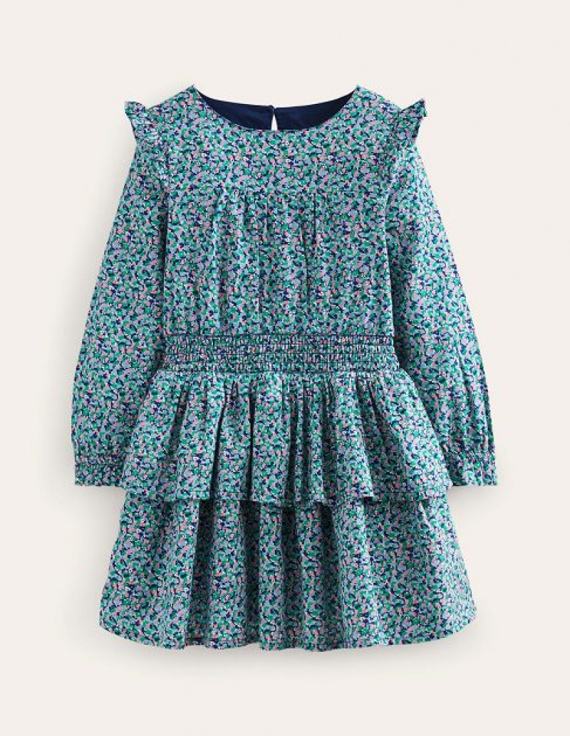 Green / Blue / Pink Kids\' Boden Frill Cotton Dress | 81452ZDAJ