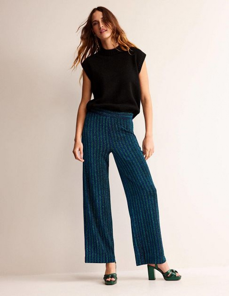 Green / Navy Stripes Women's Boden Jersey Metallic Pants | 50614IWTP