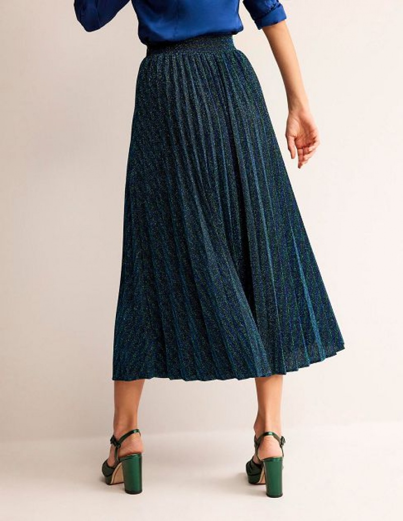 Green / Navy Stripes Women's Boden Jersey Metallic Pleated Skirts | 42138KPRE