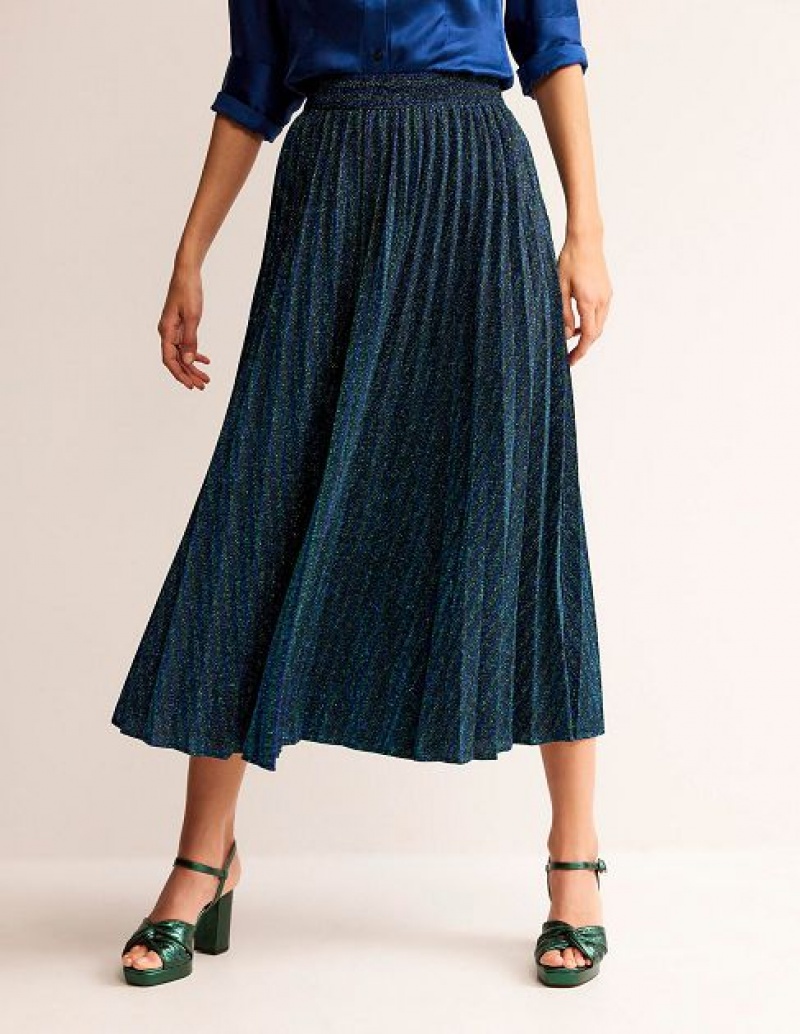 Green / Navy Stripes Women's Boden Jersey Metallic Pleated Skirts | 42138KPRE