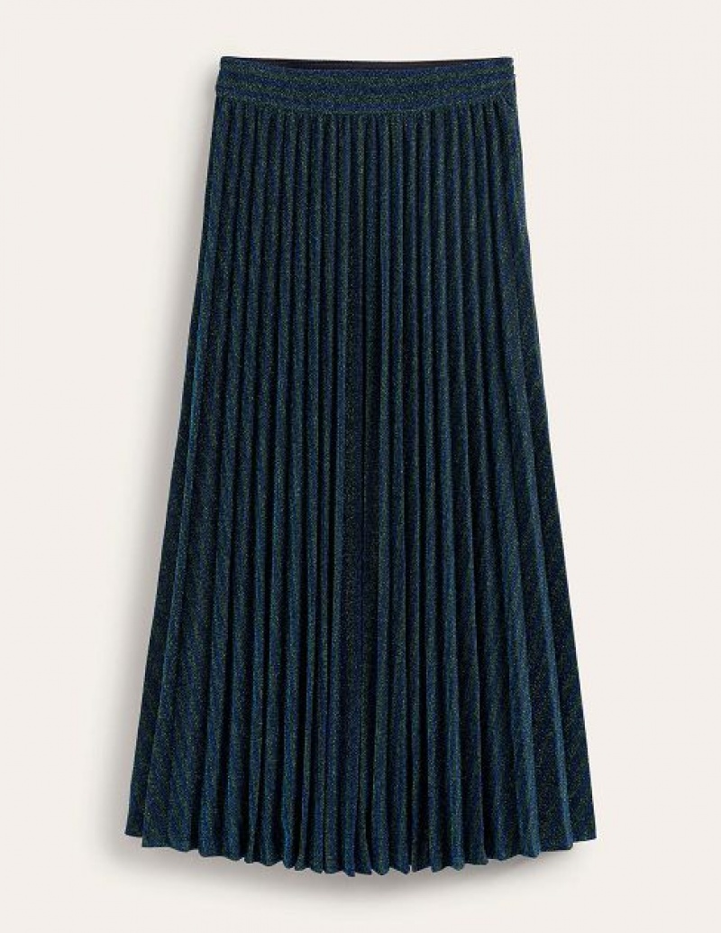 Green / Navy Stripes Women's Boden Jersey Metallic Pleated Skirts | 42138KPRE