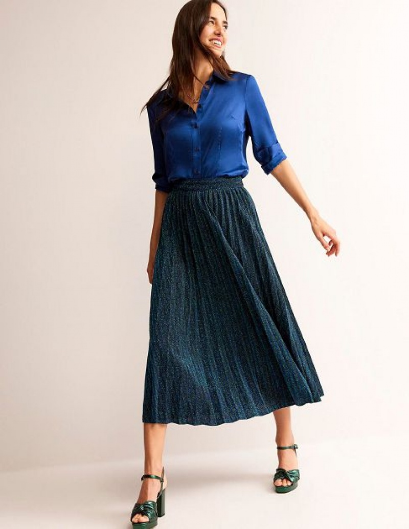 Green / Navy Stripes Women\'s Boden Jersey Metallic Pleated Skirts | 42138KPRE