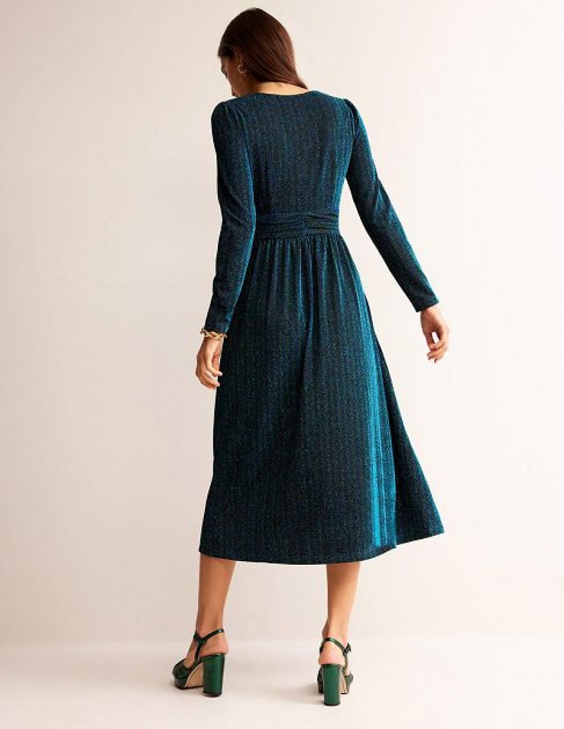 Green / Navy Stripes Women's Boden Ruched Sparkle Midi Dress | 35960AKLH