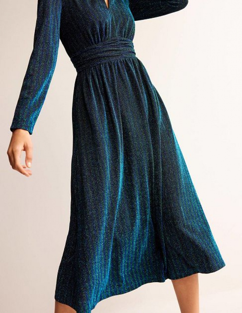 Green / Navy Stripes Women's Boden Ruched Sparkle Midi Dress | 35960AKLH