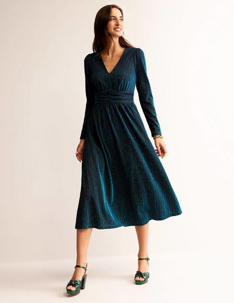 Green / Navy Stripes Women\'s Boden Ruched Sparkle Midi Dress | 35960AKLH