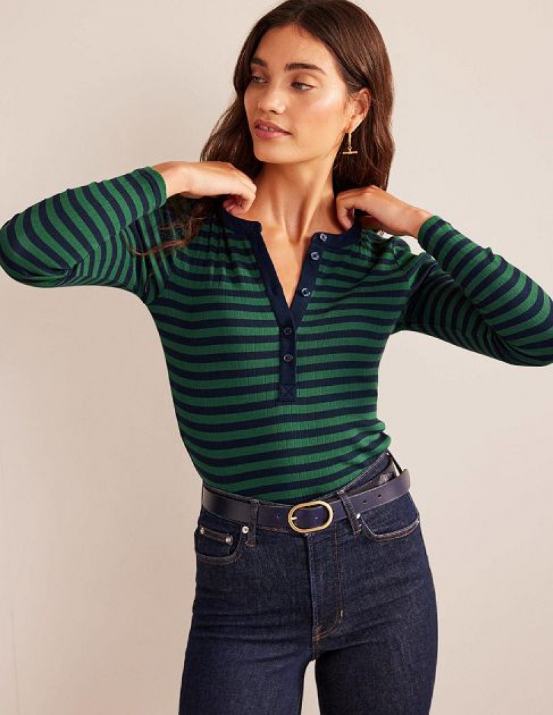 Green / Navy Women's Boden Anna Rib Henley T-Shirt | 25831IPSA