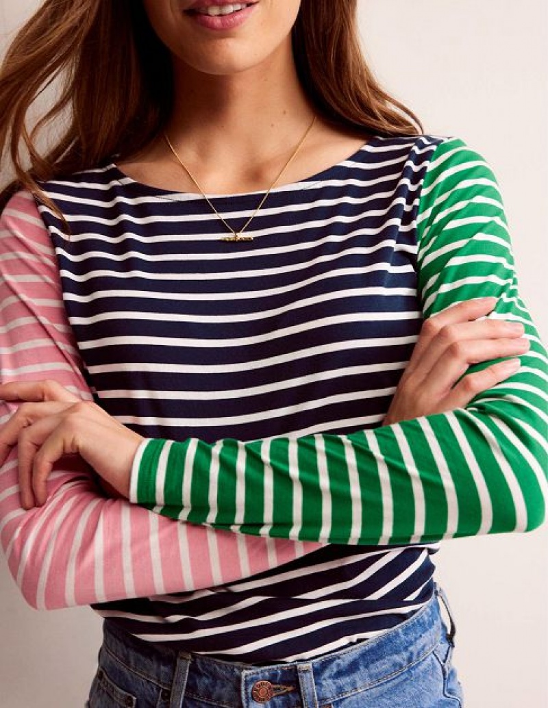 Green / Navy Women's Boden Ella Long Sleeve Breton T-Shirt | 03975VCUW