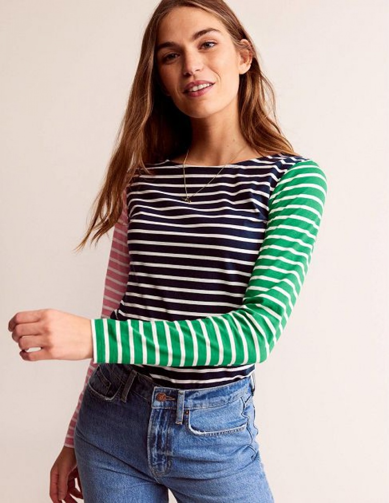 Green / Navy Women's Boden Ella Long Sleeve Breton T-Shirt | 03975VCUW