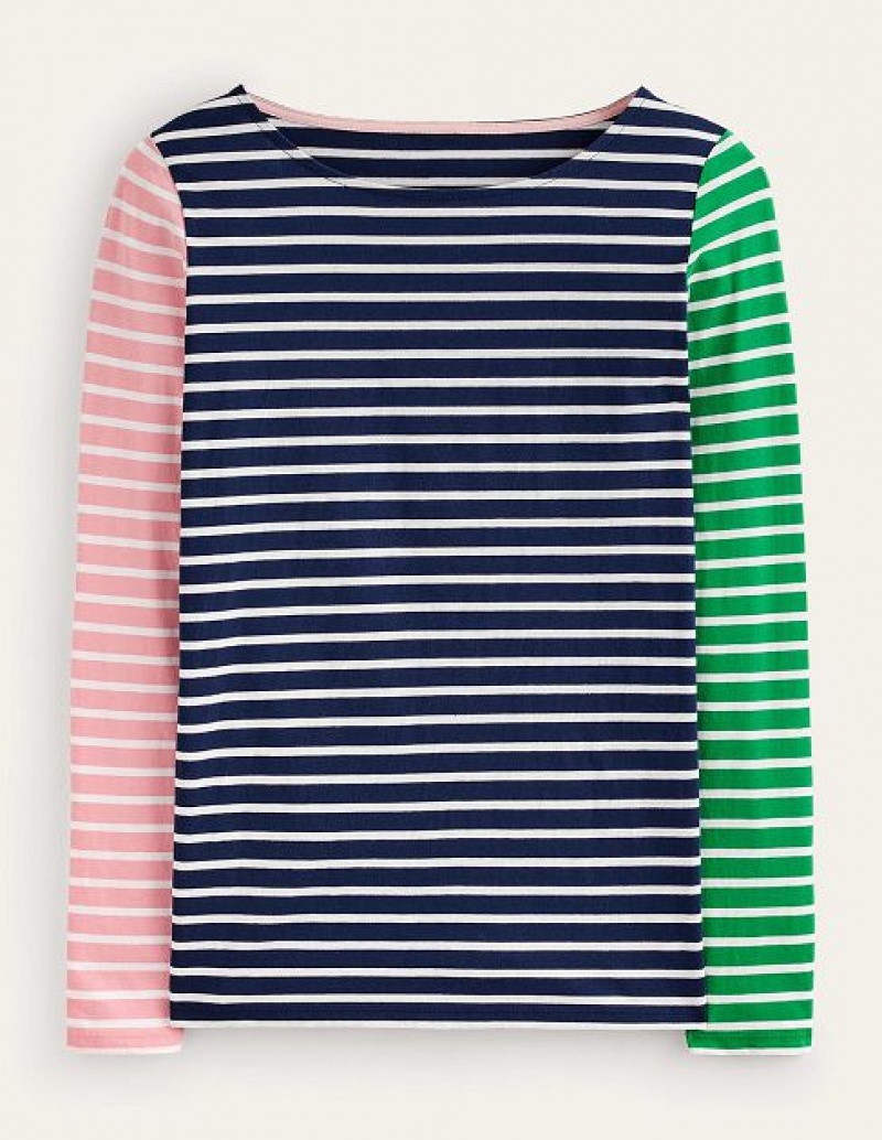 Green / Navy Women's Boden Ella Long Sleeve Breton T-Shirt | 03975VCUW