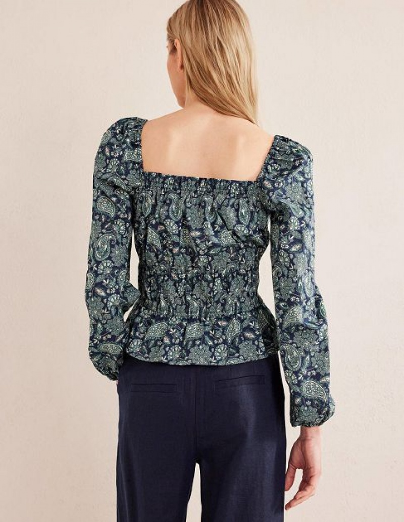 Green / Navy Women's Boden Ruched Waist Peplum Tops | 21067VINO