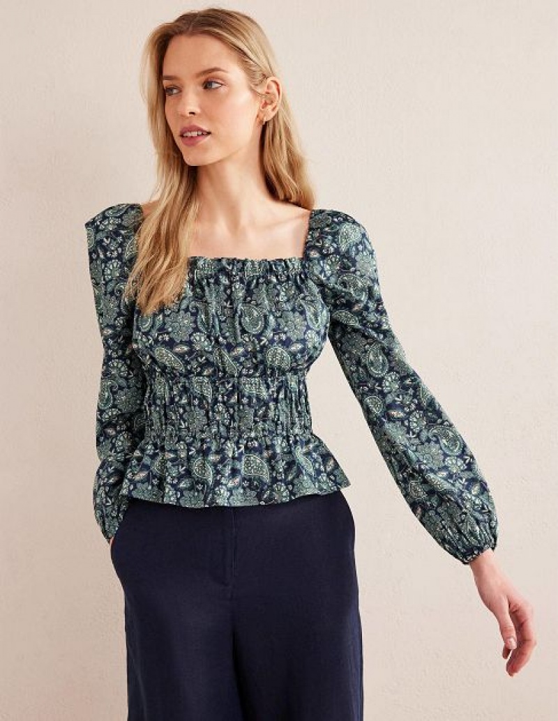 Green / Navy Women\'s Boden Ruched Waist Peplum Tops | 21067VINO