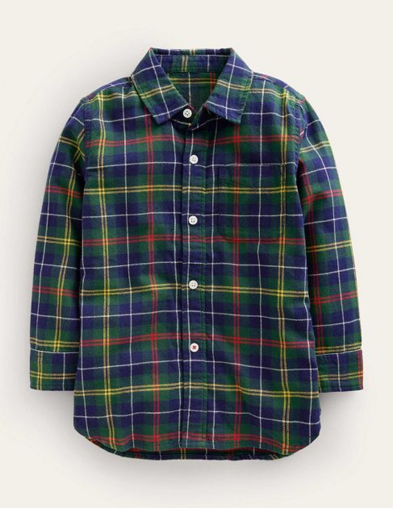 Green / Navy / Yellow Kids\' Boden Brushed Flannel Shirts | 96781BTVN