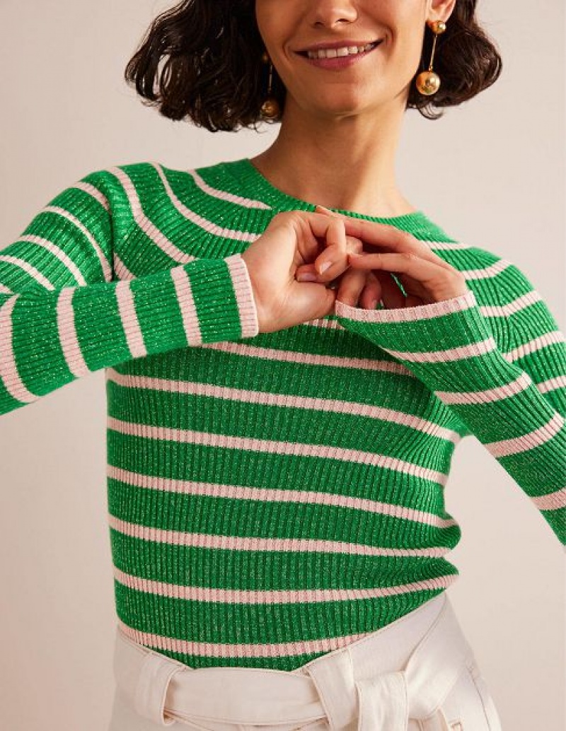 Green / Pink Women's Boden Effie Sparkle Stripe Sweaters | 19235HDQX