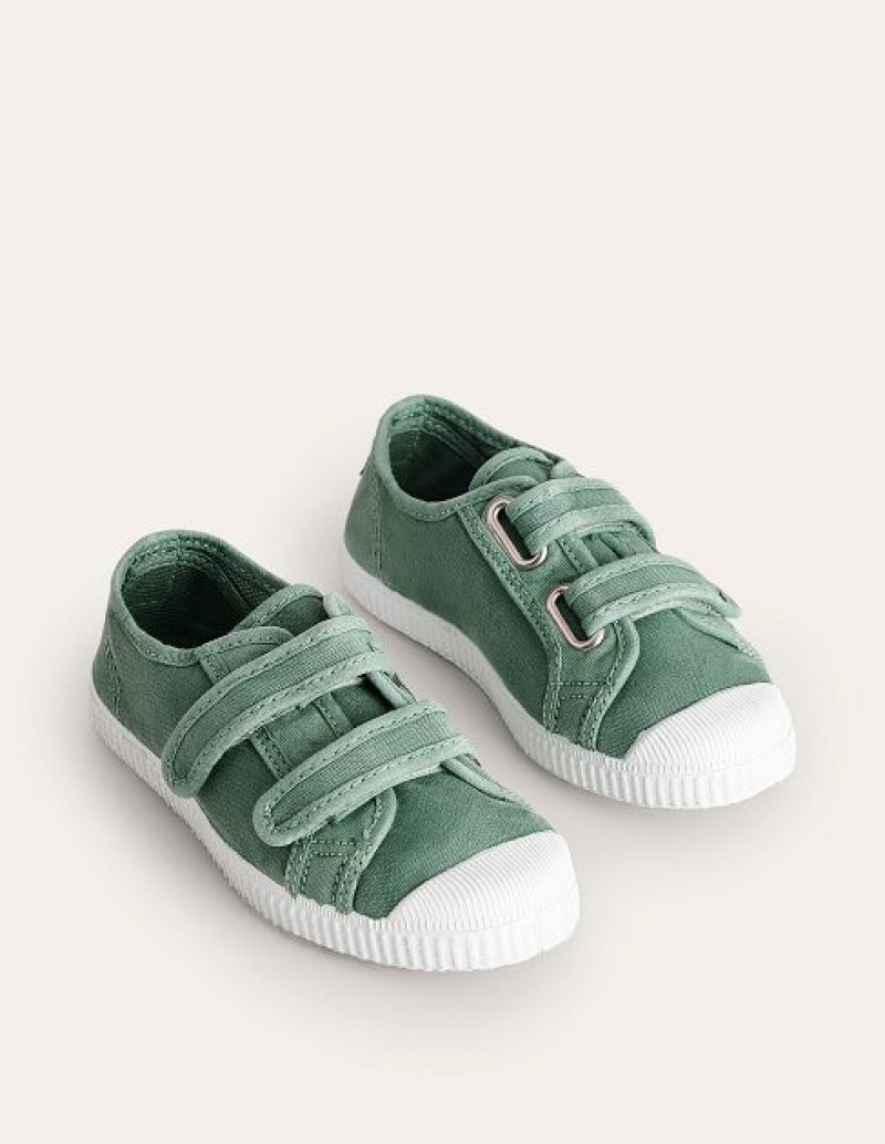 Green / White Kids' Boden Double Strap Canvas Sneakers | 81764WUNK