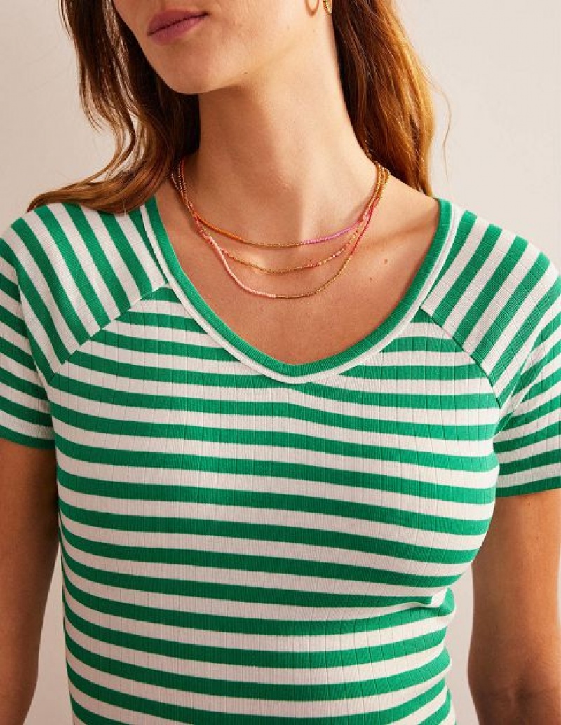 Green / White Stripes Women's Boden Anna Rib V-neck T-Shirt | 93247VIDX