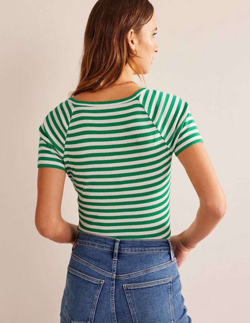 Green / White Stripes Women's Boden Anna Rib V-neck T-Shirt | 93247VIDX