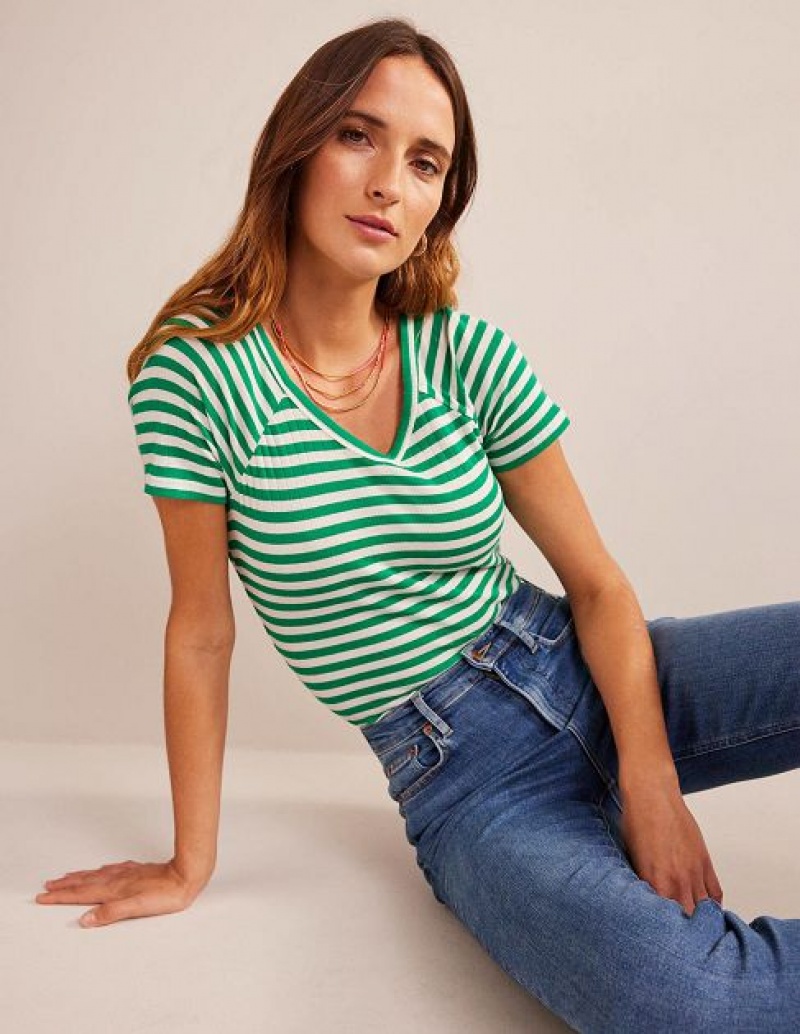 Green / White Stripes Women's Boden Anna Rib V-neck T-Shirt | 93247VIDX