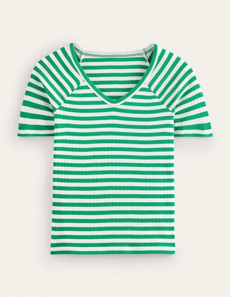 Green / White Stripes Women's Boden Anna Rib V-neck T-Shirt | 93247VIDX