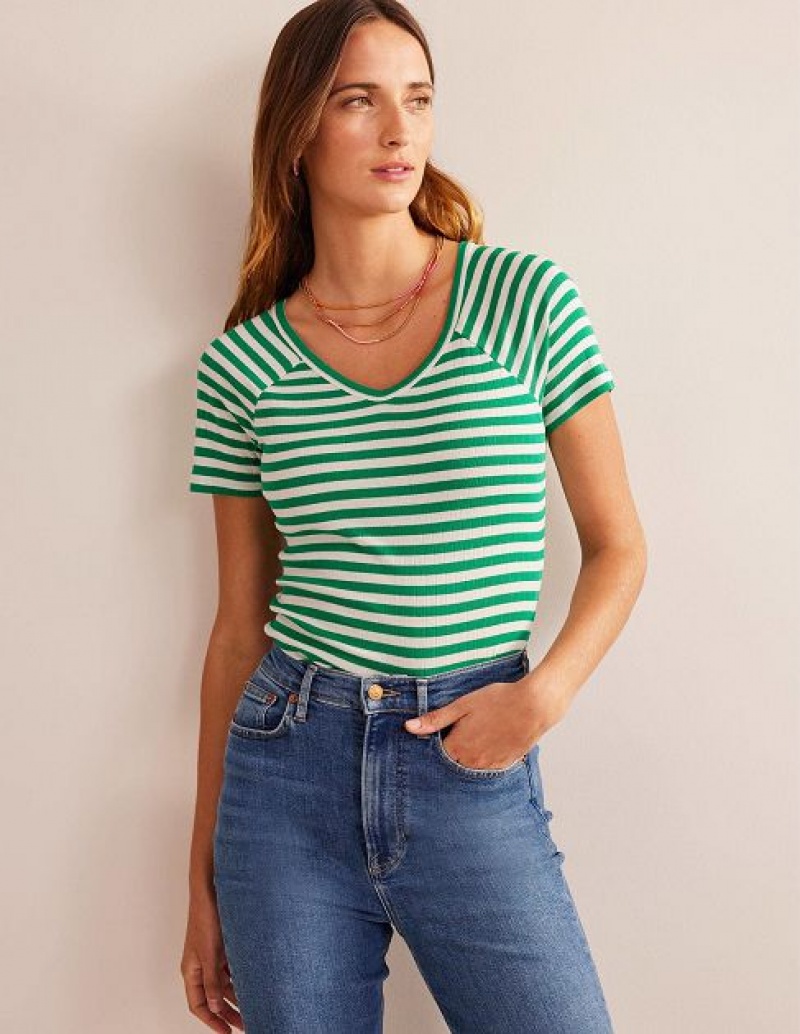 Green / White Stripes Women\'s Boden Anna Rib V-neck T-Shirt | 93247VIDX