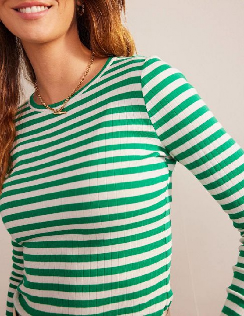 Green / White Stripes Women's Boden Anna Rib Crew T-Shirt | 83206KCLH