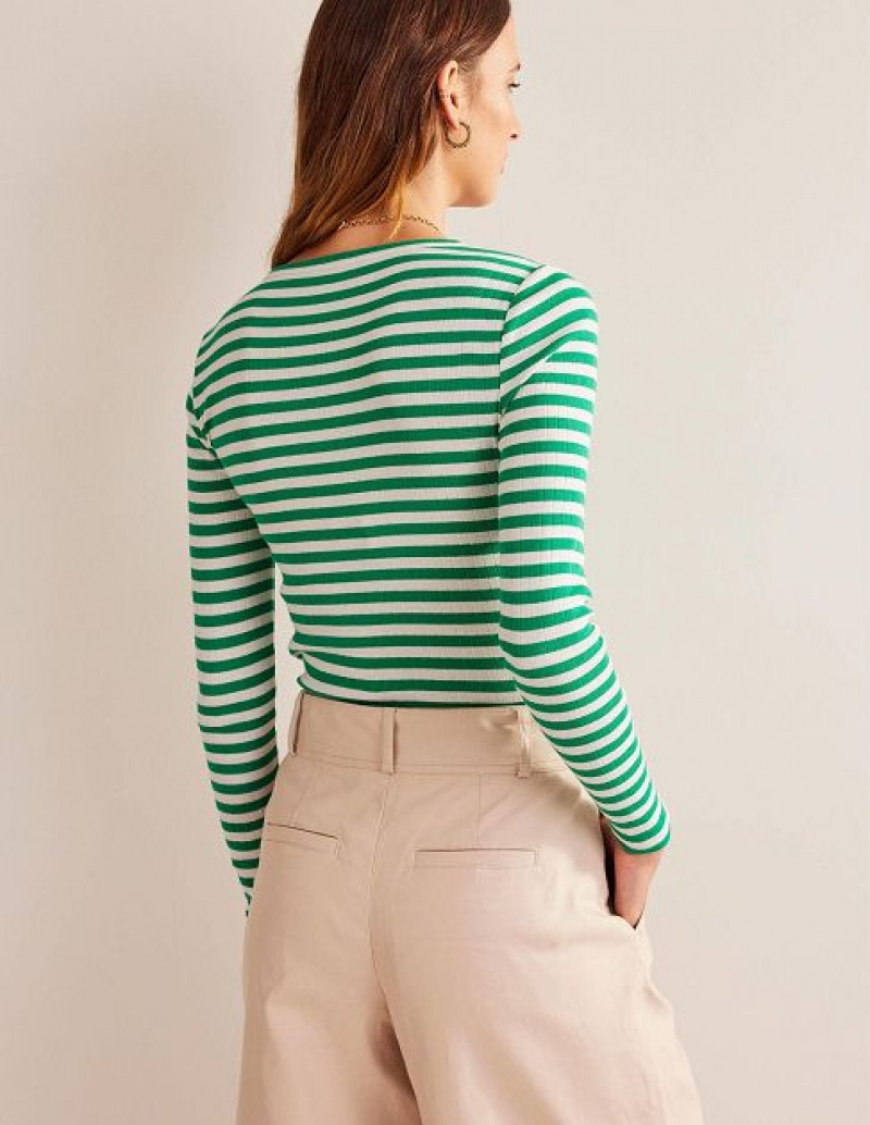 Green / White Stripes Women's Boden Anna Rib Crew T-Shirt | 83206KCLH