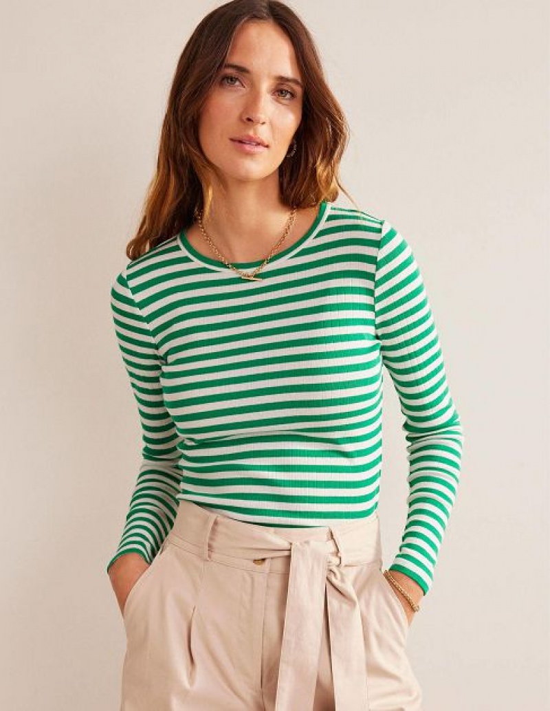 Green / White Stripes Women\'s Boden Anna Rib Crew T-Shirt | 83206KCLH