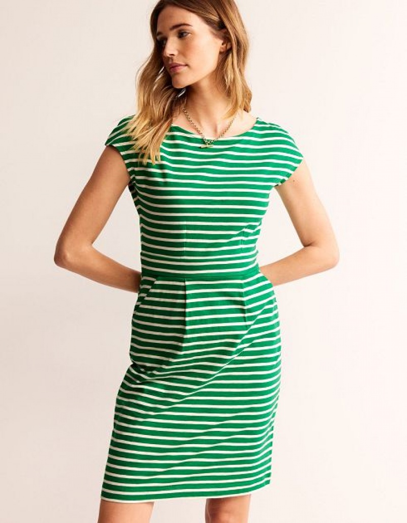 Green / White Stripes Women's Boden Florrie Jersey Dress | 86195XLDP