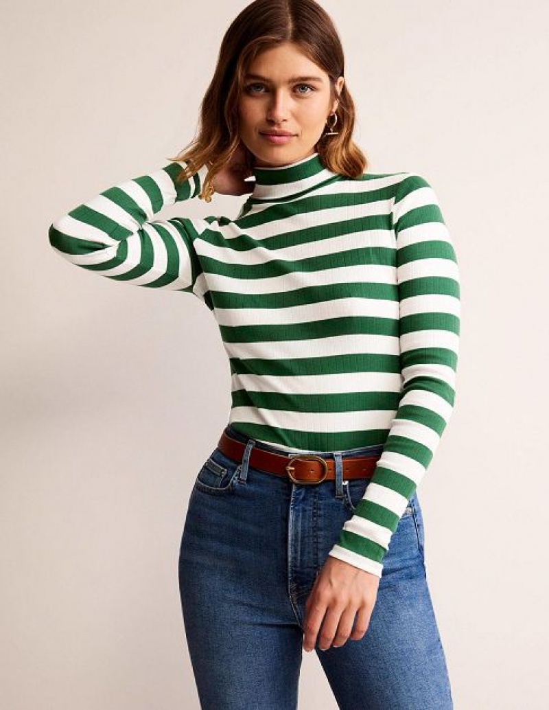 Green / White Women's Boden Anna Rib Roll Neck Tops | 60329SCXK